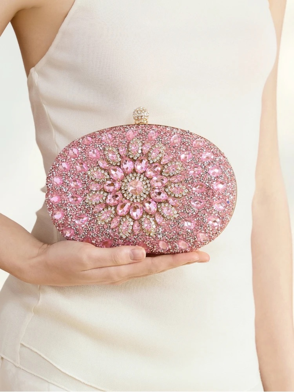 Ramla Mosaic Faux Pink Diamond Clutch Purse Crossbody Chain Handle